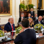U.S. President Donald Trump meets Ukrainian President Volodymyr Zelenskiy, German Chancellor Friedrich Merz, French President Emmanuel Macron, and Italian Prime Minister Giorgia Meloni amid negotiations to end the Russian war in Ukraine, at the White House in Washington, D.C., U.S., August 18, 2025. REUTERS/Alexander Drago