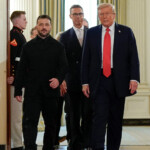 U.S. President Donald Trump, Ukrainian President Volodymyr Zelenskiy and Finland's President Alexander Stubb walk during a meeting, amid negotiations to end the Russian war in Ukraine, at the White House in Washington, D.C., U.S., August 18, 2025. REUTERS/Alexander Drago