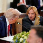 U.S. President Donald Trump speaks with Italian Prime Minister Giorgia Meloni during a meeting amid negotiations to end the Russian war in Ukraine, at the White House in Washington, D.C., U.S., August 18, 2025. REUTERS/Alexander Drago