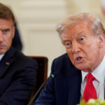 U.S. President Donald Trump speaks during a meeting with French President Emmanuel Macron, Ukrainian President Volodymyr Zelenskiy (not pictured) and European leaders amid negotiations to end the Russian war in Ukraine, at the White House in Washington, D.C., U.S., August 18, 2025. REUTERS/Al Drago