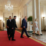 U.S. President Donald Trump, Ukrainian President Volodymyr Zelenskiy and Finland's President Alexander Stubb walk during a meeting, amid negotiations to end the Russian war in Ukraine, at the White House in Washington, D.C., U.S., August 18, 2025. REUTERS/Al Drago