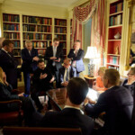 Ukrainian President Volodymyr Zelenskiy speaks with French President Emmanuel Macron, German Chancellor Friedrich Merz, Britain's Prime Minister Keir Starmer, European Commission's President Ursula von der Leyen, Italian Prime Minister Georgia Meloni, Finland's President Alexander Stubb and NATO's Secretary General Mark Rutte, at the Ukrainian Embassy, in Washington, D.C., U.S., August 18, 2025. Ukrainian Presidential Press Service/Handout via REUTERS