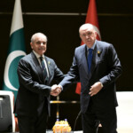 Pakistan's Prime Minister Shehbaz Sharif and Turkish President Tayyip Erdogan shake hands during a meeting on the sidelines of Shanghai Cooperation Organisation (SCO) Summit in Tianjin, China, August 31, 2025. Press Information Department (PID)/Handout via REUTERS ATTENTION EDITORS - THIS PICTURE WAS PROVIDED BY A THIRD PARTY.