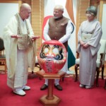 PM Narendra Modi received a Daruma Doll- a good luck charm of Japanese culture from Rev Seishi Hirose, Chief Priest of Shorinzan Daruma Ji Temple