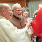 PM Narendra Modi received a Daruma Doll- a good luck charm of Japanese culture from Rev Seishi Hirose, Chief Priest of Shorinzan Daruma Ji Temple