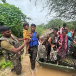 Flood relief columns are deployed by the Indian Army across Nainwa & Keshoraipatan, Bundi, to support villagers hit by floods