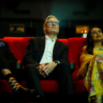 Yash Raj Films CEO Akshaye Widhani, British Prime Minister Keir Starmer and Rani Mukerji watch a screening, during Starmer's visit to Yash Raj Films, in Mumbai, India, October 8, 2025. Leon Neal/Pool via REUTERS