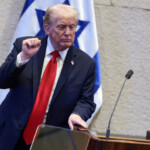 U.S. President Donald Trump gestures as he addresses the Knesset, amid a U.S.-brokered prisoner-hostage swap and ceasefire deal between Israel and Hamas, in Jerusalem, October 13, 2025. REUTERS/Evelyn Hockstein/Pool TPX IMAGES OF THE DAY