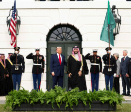 U.S. President Donald Trump greets Saudi Crown Prince and Prime Minister Mohammed bin Salman during an arrival ceremony on the South Lawn of the White House in Washington, D.C., U.S., November 18, 2025. REUTERS/Kevin Lamarque