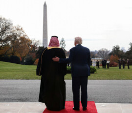 U.S. President Donald Trump welcomes Saudi Crown Prince and Prime Minister Mohammed bin Salman at the White House in Washington, D.C., U.S., November 18, 2025. REUTERS/Evelyn Hockstein