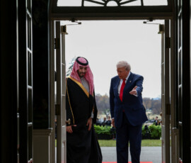 U.S. President Donald Trump welcomes Saudi Crown Prince and Prime Minister Mohammed bin Salman at the White House in Washington, D.C., U.S., November 18, 2025. REUTERS/Evelyn Hockstein