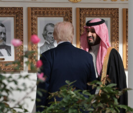 U.S. President Donald Trump and Saudi Crown Prince and Prime Minister Mohammed bin Salman, speak as they walk at White House in Washington, D.C., U.S., November 18, 2025. REUTERS/Jessica Koscielniak