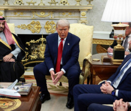 U.S. President Donald Trump speaks during a meeting with Saudi Crown Prince and Prime Minister Mohammed bin Salman, accompanied by U.S. Vice President JD Vance and Treasury Secretary Scott Bessent, in the Oval Office at the White House in Washington, D.C., U.S., November 18, 2025. REUTERS/Evelyn Hockstein