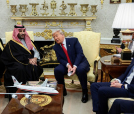 U.S. President Donald Trump speaks during a meeting with Saudi Crown Prince and Prime Minister Mohammed bin Salman in the Oval Office at the White House in Washington, D.C., U.S., November 18, 2025. REUTERS/Evelyn Hockstein