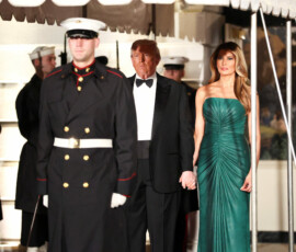 U.S. President Donald Trump and first lady Melania Trump stand ahead of a dinner hosted by Trump for Saudi Crown Prince and Prime Minister Mohammed bin Salman at the White House in Washington, D.C., U.S., November 18, 2025. REUTERS/Kevin Lamarque
