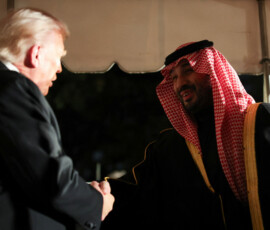 Saudi Crown Prince and Prime Minister Mohammed bin Salman shakes hands with U.S. President Donald Trump as he arrives for a dinner hosted at the White House in Washington, D.C., U.S., November 18, 2025. REUTERS/Tom Brenner