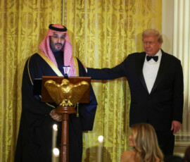 U.S. President Donald Trump greets Saudi Crown Prince and Prime Minister Mohammed bin Salman, during a dinner at the White House in Washington, D.C., U.S., November 18, 2025. REUTERS/Tom Brenner