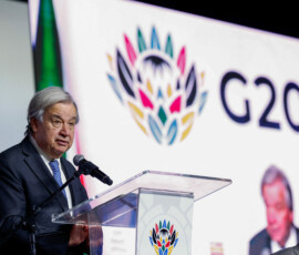 U.N. Secretary-General Antonio Guterres speaks at a media briefing inside the G20 Summit venue at the Nasrec Expo Centre, ahead of the summit scheduled for November 22–23, in Johannesburg, South Africa, November 21, 2025. REUTERS/Thomas Mukoya