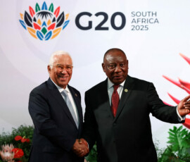 European Council President Antonio Costa shakes hands with South Africa's President Cyril Ramaphosa, on the first day of the G20 Summit at the Nasrec Expo Centre in Johannesburg, South Africa, November 22, 2025. REUTERS/Yves Herman