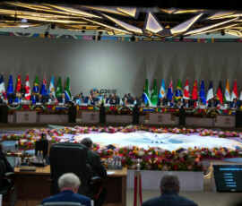 South African President Cyril Ramaphosa addresses the opening session of the G20 leaders’ summit in Johannesburg, South Africa, November 22, 2025. Misper Apawu/Pool via REUTERS