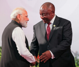 South African President Cyril Ramaphosa welcomes Indian Prime Minister Narendra Modi at the Johannesburg Expo Centre for the G20 Leaders' Summit, Johannesburg, South Africa, 22 November 2025, for the Group of Twenty (G20) Leaders' Summit. Halden Krog/Pool via REUTERS