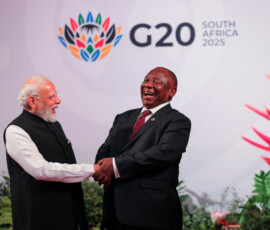 South African President Cyril Ramaphosa welcomes Indian Prime Minister Narendra Modi at the Johannesburg Expo Centre for the G20 Leaders' Summit, Johannesburg, South Africa, 22 November 2025, for the Group of Twenty (G20) Leaders' Summit. Halden Krog/Pool via REUTERS