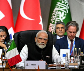 Indian Prime Minister Narendra Modi attends the opening plenary session at the G20 Summit on November 22, 2025 in Johannesburg, South Africa ahead of the G20 Summit. Leon Neal/Pool via REUTERS