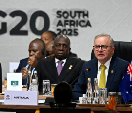Australia's Prime Minister Anthony Albanese attends the opening plenary session at the G20 Summit on November 22, 2025 in Johannesburg, South Africa, Leon Neal/Pool via REUTERS