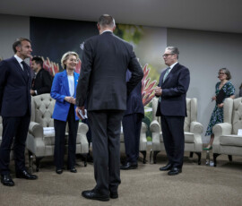 France's President Emmanuel Macron, European Commission President Ursula Von der Leyen, German Chancellor Friedrich Merz and Britain's Prime Minister Keir Starmer arrive ahead of the G7++ meeting at the G20 Leaders' Summit in Johannesburg on November 22, 2025. HENRY NICHOLLS/Pool via REUTERS