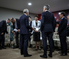 Japan's Prime Minister Sanae Takaichi speaks with delegates ahead of the G7++ meeting at the G20 Leaders' Summit at the Nasrec Expo Centre in Johannesburg, South Africa, November 22, 2025. HENRY NICHOLLS/Pool via REUTERS