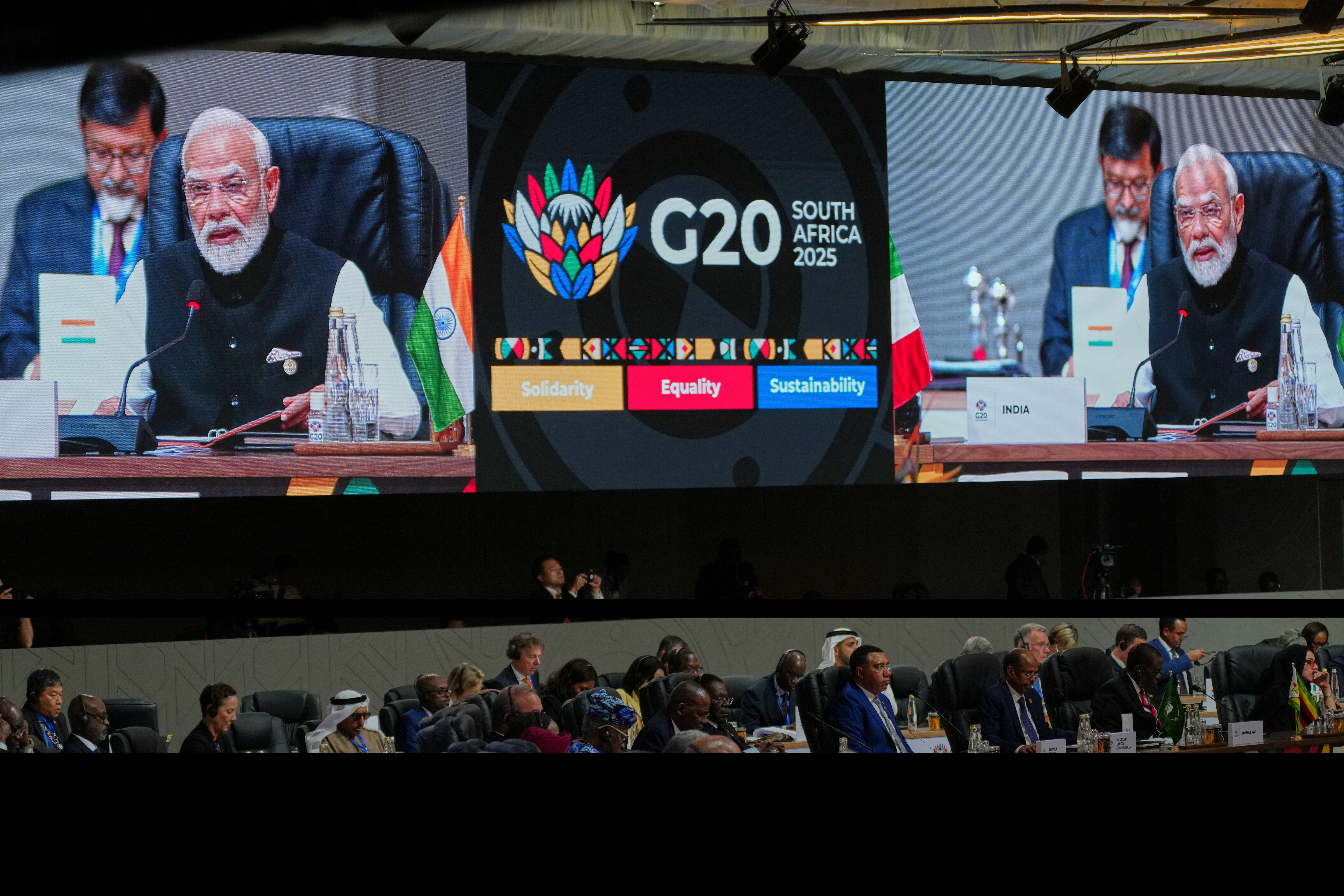 Delegates listen to Indian Prime Minister Narendra Modi address during a plenary session on the first day of the G20 Leaders' Summit at the Nasrec Expo Centre in Johannesburg, South Africa, November 22, 2025. Misper Apawu/Pool via REUTERS