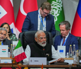 Indian Prime Minister Narendra Modi addresses the plenary session of the G20 leaders' summit in Johannesburg, South Africa, November 22, 2025. Misper Apawu/Pool via REUTERS