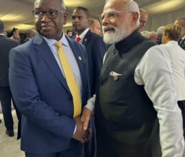PM Narendra Modi interacted with Julius Maada Bio, President of Sierra Leone during the G20 Summit in Johannesburg.