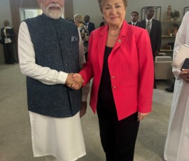 PM Narendra Modi interacted with Kristalina Georgieva, Managing Director of the International Monetary Fund on the sidelines of the Johannesburg G20 Summit.