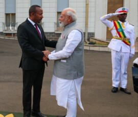 PM Narendra Modi was warmly received by PM of Ethiopia Abiy Ahmed Ali and accorded a ceremonial welcome at the National Palace ahead of the bilateral talks
