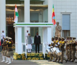 PM Narendra Modi was warmly received by PM of Ethiopia Abiy Ahmed Ali and accorded a ceremonial welcome at the National Palace ahead of the bilateral talks