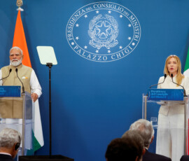 Italy's Prime Minister Giorgia Meloni and Indian Prime Minister Narendra Modi attend a press conference at Villa Doria Pamphili, in Rome, Italy, May 20, 2026. REUTERS/Remo Casilli
