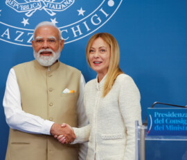Italy's Prime Minister Giorgia Meloni and Indian Prime Minister Narendra Modi shake hands after a press conference at Villa Doria Pamphili, in Rome, Italy, May 20, 2026. REUTERS/Remo Casilli