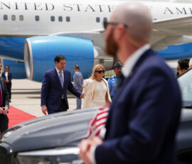 U.S. Secretary of State Marco Rubio and his wife Jeanette disembark their plane at Indira Gandhi International Airport in New Delhi, India, Saturday, May 23, 2026. Julia Demaree Nikhinson/Pool via REUTERS