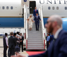U.S. Secretary of State Marco Rubio and his wife Jeanette disembark their plane along with US Ambassador to India Sergio Gor at Indira Gandhi International Airport in New Delhi, India, Saturday, May 23, 2026. Julia Demaree Nikhinson/Pool via REUTERS
