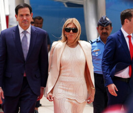 U.S. Secretary of State Marco Rubio and his wife Jeanette walk after disembarking their plane at Indira Gandhi International Airport in New Delhi, India, Saturday, May 23, 2026. Julia Demaree Nikhinson/Pool via REUTERS