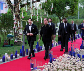 United States Secretary of State Marco Rubio, and US Ambassador to India Sergio Gor walk a red carpet before attending a reception at Roosevelt House, in New Delhi, India, Saturday, May 23, 2026. Julia Demaree Nikhinson/Pool via REUTERS