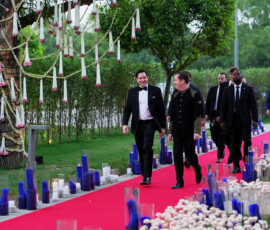 United States Secretary of State Marco Rubio and US Ambassador to India Sergio Gor walk a red carpet before attending a reception at Roosevelt House, in New Delhi, India, Saturday, May 23, 2026. Julia Demaree Nikhinson/Pool via REUTERS