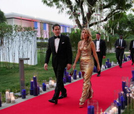 United States Secretary of State Marco Rubio and his wife Jeanette walk a red carpet before attending a reception at Roosevelt House, in New Delhi, India, Saturday, May 23, 2026. Julia Demaree Nikhinson/Pool via REUTERS