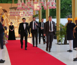 United States Secretary of State Marco Rubio walks the red carpet before attending a reception at Roosevelt House, Saturday, May 23, 2026, in New Delhi, India. Julia Demaree Nikhinson/Pool via REUTERS