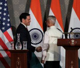 U.S. Secretary of State Marco Rubio and Indian Foreign Minister Subrahmanyam Jaishankar shake hands as they attend a joint press conference after their meeting at the Hyderabad House in New Delhi, India, May 24, 2026. REUTERS/Adnan Abidi