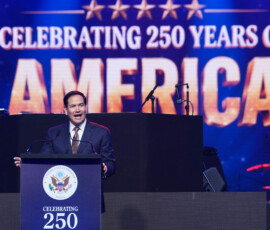 U.S Secretary of State Marco Rubio speaks at an event celebrating the United States' 250th anniversary, at the Bharat Mandapam convention center, in New Delhi, India, Sunday, May 24, 2026. Julia Demaree Nikhinson/Pool via REUTERS