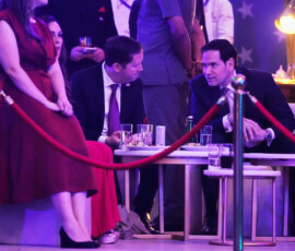 U.S. Secretary of State Marco Rubio chats with U.S. Ambassador to India Sergio Gor at an event celebrating the United States' 250th anniversary, at the Bharat Mandapam convention center, in New Delhi, India, Sunday, May 24, 2026. Julia Demaree Nikhinson/Pool via REUTERS