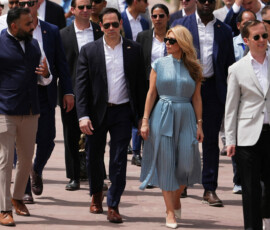 United States Secretary of State Marco Rubio and his wife, Jeanette Rubio, visit the Taj Mahal in Agra, India, Monday, May 25, 2026. Julia Demaree Nikhinson/Pool via REUTERS
