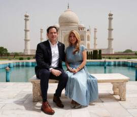 United States Secretary of State Marco Rubio poses with his wife, Jeanette Rubio, during their visit to the Taj Mahal in Agra, India, Monday, May 25, 2026. Julia Demaree Nikhinson/Pool via REUTERS TPX IMAGES OF THE DAY